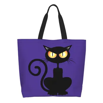 Милая сумка для покупок с черным котом на Хэллоуин многоразового использования, холщовая сумка для покупок с мультяшным котенком