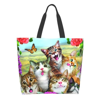 Холщовая сумка-головоломка Cat для женщин, котенок выходного дня, селфи, Бабочка, цветы, Кухонные многоразовые продуктовые сумки Оптом, большие Повседневные