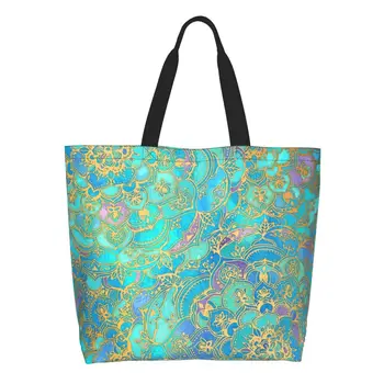 Холщовая сумка с сапфировой Нефритовой Мандалой из витражного стекла, женская многоразовая сумка для покупок большой емкости, сумки для покупок в богемном стиле Boho