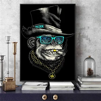 Забавная курящая обезьяна, плакат с изображением животного, Черная шляпа и золотое ожерелье, картина на холсте, настенное искусство, современный декор для дома