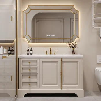 Комбинированный шкаф для ванной комнаты с каменной плитой, Дубовый столик для ванной комнаты, Умывальник для мытья рук, Напольный шкафчик