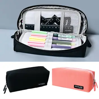 Сумка для карандашей на гладкой молнии, простой сетчатый карман, холст, канцелярские принадлежности в корейском стиле, линейка, ручки, ластик, сумка для хранения для ежедневного использования
