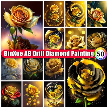 BinXue Yellow Rose Flower AB Diamond Painting Kit Love Heart Цветок Пиона Вышивка Крестом Ручной Работы DIY Мозаика Подарок для домашнего Декора